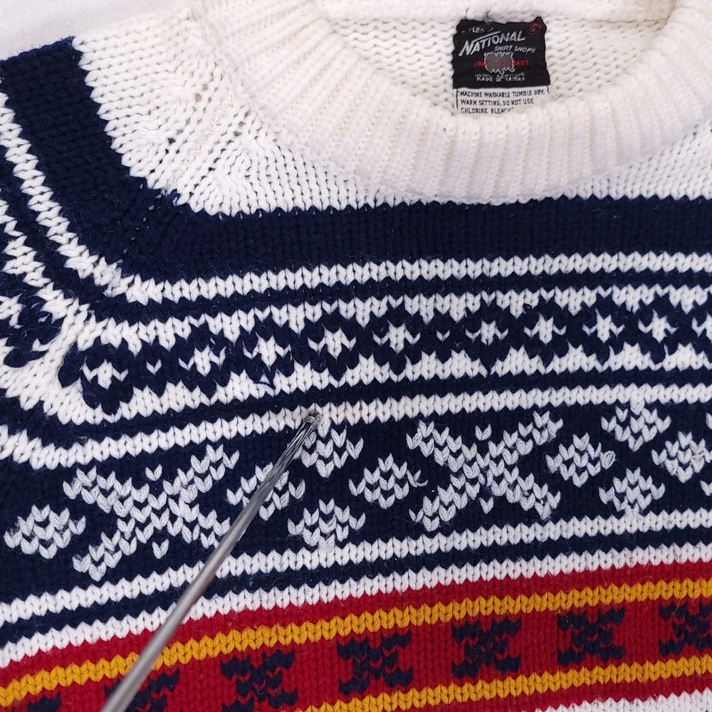 National‎ Shirt Shops Vintage Fair Isle Nordic Knit Sweater Mens Large White Red